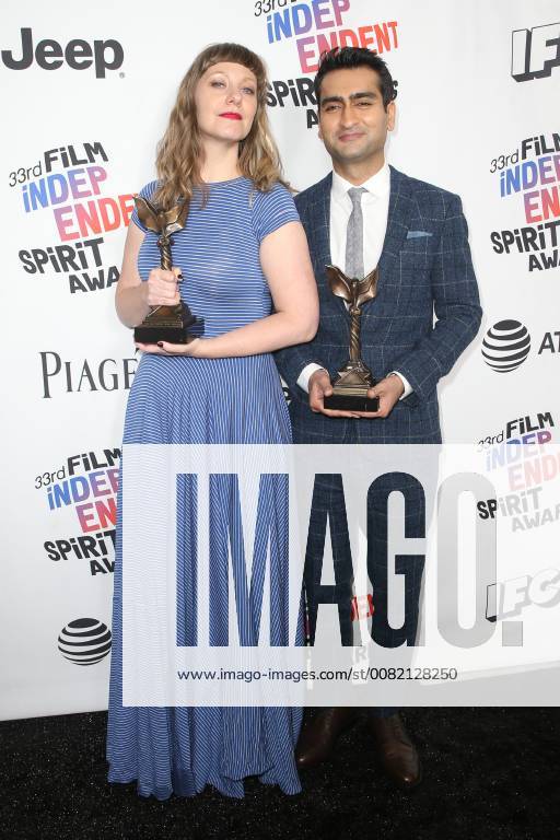 SANTA MONICA, CA - MARCH 3: Emily V. Gordon, Kumail Nanjiani at The 33rd Annual Film Independent Spirit Awards - Press Room at Santa Monica Pier in Santa Monica, California on March 3rd, 2018.