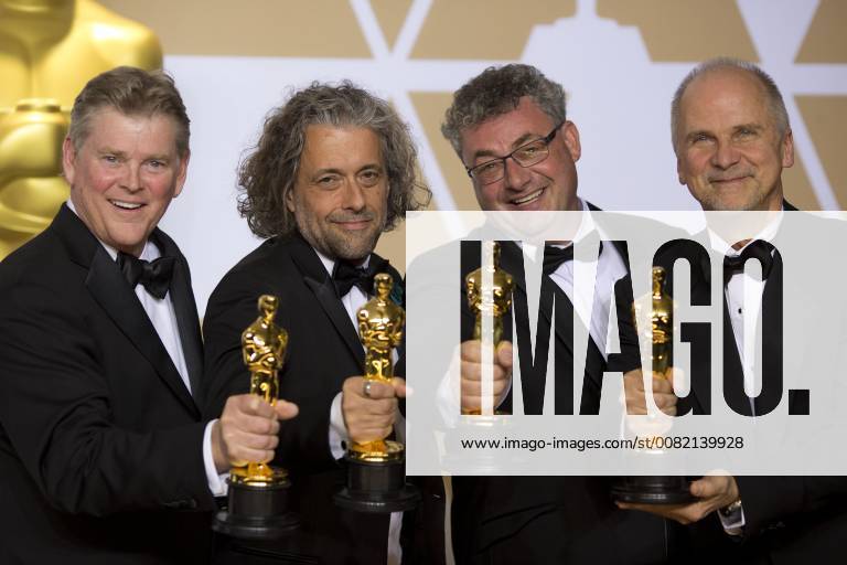 (L-R) Visual effects artists Richard R. Hoover, Paul Lambert, Gerd Nefzer and John Nelson, winners of the Best Visual Effects award for Blade Runner 2049 , pose in the press room during the 90th annual Academy Awards ceremony at the Dolby Theatre in Hollywood, California, on 4 March 2018. The Oscars are presented for outstanding individual or collective efforts in 24 categories in filmmaking. 90th annual Academy Awards ceremony !ACHTUNG: NUR REDAKTIONELLE NUTZUNG!