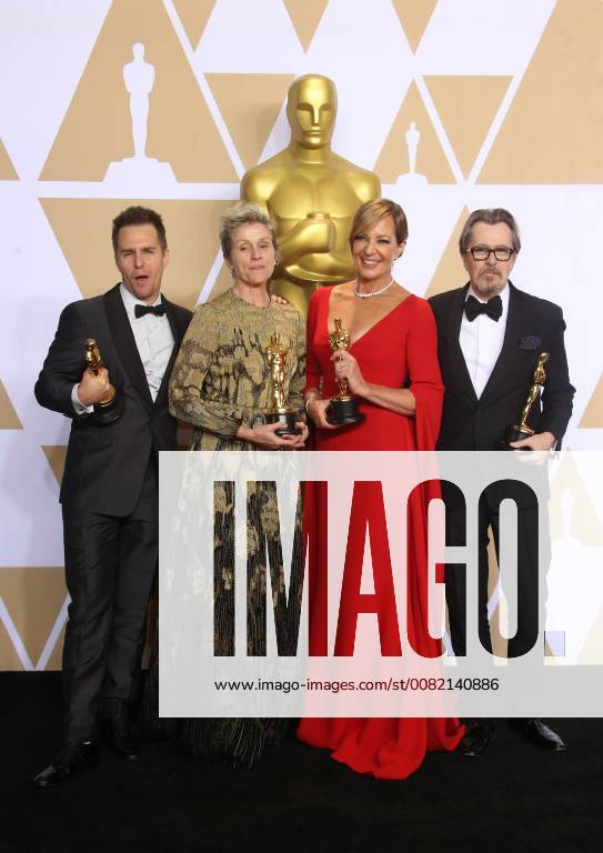 LOS ANGELES, CA - MARCH 4: Sam Rockwell, Frances McDormand, Allison Janney and Gary Oldman in the press room at the 90th Academy Awards at the Dolby Theatre in Los Angeles, California on March 4, 2018.