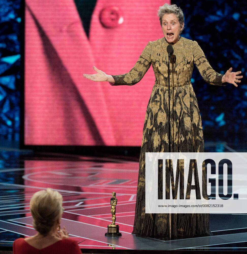Frances McDormand accepts the Oscar for performance by an actress in a leading role for work on Three Billboards Outside Ebbing, Missouri during the live ABC Telecast of the 90th Oscars® at the Dolby® Theatre in Hollywood, CA on Sunday