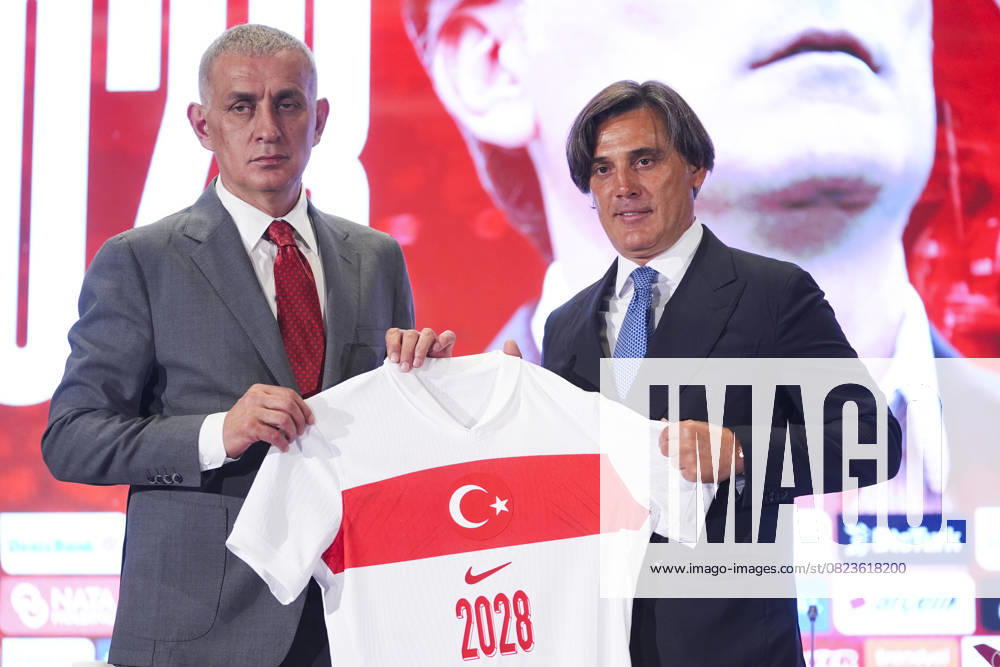 Vincenzo Montella signs a new 2-year contract with the National Team ISTANBUL, TURKIYE - JUNE 30: Turkish Football Federation (TFF) President Ibrahim Haciosmanoglu (L) presents a jersey to Turkish National Football Team Head Coach Vincenzo Montella (R) at the end of a ceremony held at the TFF Hasan Dogan National Teams Camp and Training Facilities after Montella’s contract was extended for two more years in Istanbul, Turkiye, on June 30, 2025. Agit Erdi Ulukaya Anadolu Istanbul Turkey. Editorial use only. Please get in touch for any other usage.