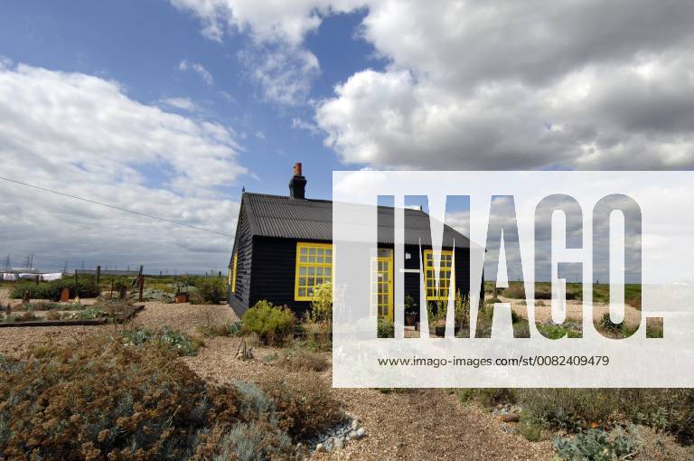 Picture by Roger Bamber: 1 September 2007 : Prospect Cottage, the former home of the late artist and film director Derek Jarman at Dungeness,on Romnet Marsh, Kent. The house and its dry shingle garden is photographed withf his many sculptures made from iron and driftwood.,