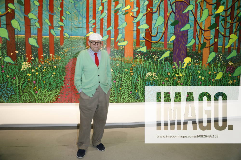 Révélation de la donation du tableau L’arrivée du printemps à Woldgate, East Yorkshire en 2011 du peintre David Hockney au Centre Pompidou à Paris, France, le 26 Septembre 2017. Un tableau monumental d une dizaine de mètres de longs sur 4 mètres de haut. David Hockney poses in front of his painting The Arrival Of Spring in Woldgate, East Yorkshire in 2011 which he offered to the museum at Centre Pompidou in Paris, France on September 26, 2017. Paris France