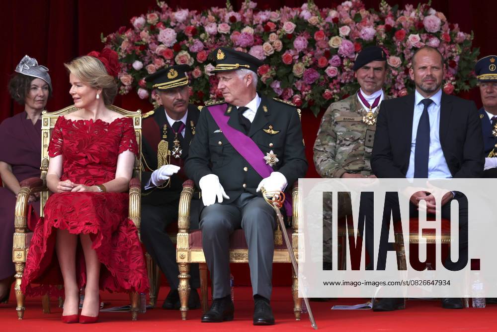 Military and civilian parade for the national Day 2025 BRUSSELS, BELGIUM - JULY 21 : Queen Mathilde of Belgium, King Philippe of Belgium and Theo Francken (N-VA), Minister of Defence of Federal Government during the military and civilian parade for the national Day 2025 on the Place des Palais - Paleizenplein pictured on July 21, 2025 in Brussels, Belgium, 21 07 2025 Brussels Belgium