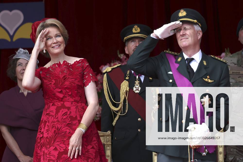 Military and civilian parade for the national Day 2025 BRUSSELS, BELGIUM - JULY 21 : Queen Mathilde of Belgium and King Philippe of Belgium during the military and civilian parade for the national Day 2025 on the Place des Palais - Paleizenplein pictured on July 21, 2025 in Brussels, Belgium, 21 07 2025 Brussels Belgium