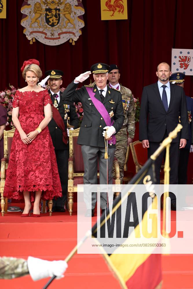Military and civilian parade for the national Day 2025 BRUSSELS, BELGIUM - JULY 21 : Queen Mathilde of Belgium, King Philippe of Belgium and Theo Francken (N-VA), Minister of Defence of Federal Government during the military and civilian parade for the national Day 2025 on the Place des Palais - Paleizenplein pictured on July 21, 2025 in Brussels, Belgium, 21 07 2025 Brussels Belgium