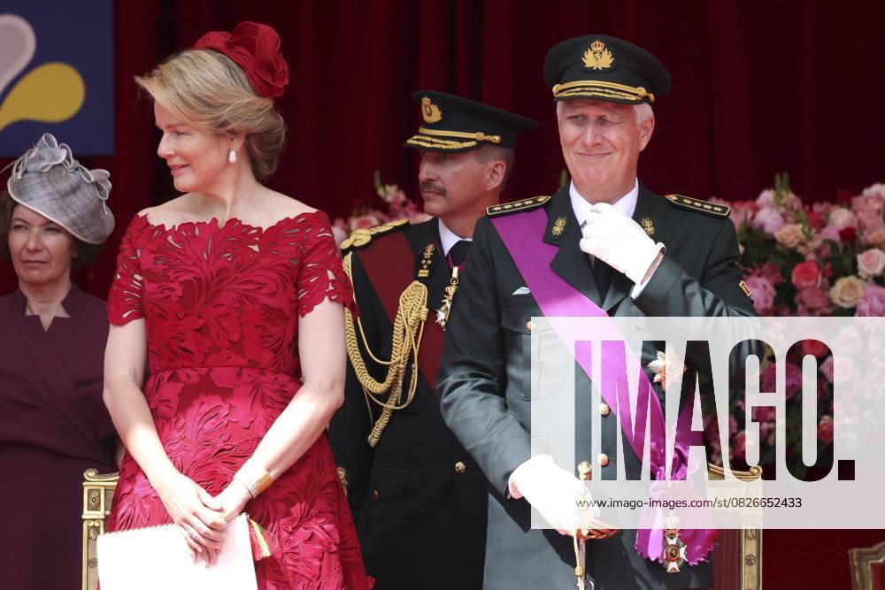 Military and civilian parade for the national Day 2025 BRUSSELS, BELGIUM - JULY 21 : Queen Mathilde of Belgium, King Philippe of Belgium during the military and civilian parade for the national Day 2025 on the Place des Palais - Paleizenplein pictured on July 21, 2025 in Brussels, Belgium, 21 07 2025 Brussels Belgium