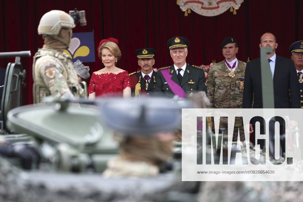 Military and civilian parade for the national Day 2025 BRUSSELS, BELGIUM - JULY 21 : Queen Mathilde of Belgium, King Philippe of Belgium and Theo Francken (N-VA), Minister of Defence of Federal Government during the military and civilian parade for the national Day 2025 on the Place des Palais - Paleizenplein pictured on July 21, 2025 in Brussels, Belgium, 21 07 2025 Brussels Belgium