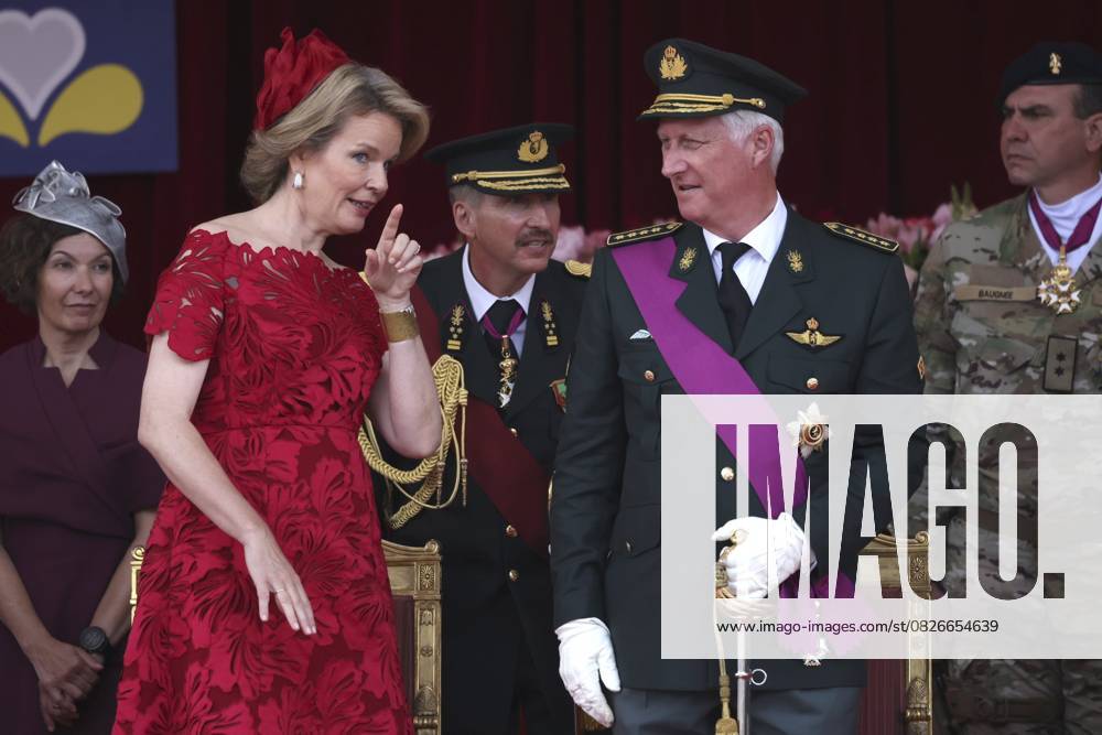 Military and civilian parade for the national Day 2025 BRUSSELS, BELGIUM - JULY 21 : Queen Mathilde of Belgium, King Philippe of Belgium during the military and civilian parade for the national Day 2025 on the Place des Palais - Paleizenplein pictured on July 21, 2025 in Brussels, Belgium, 21 07 2025 Brussels Belgium