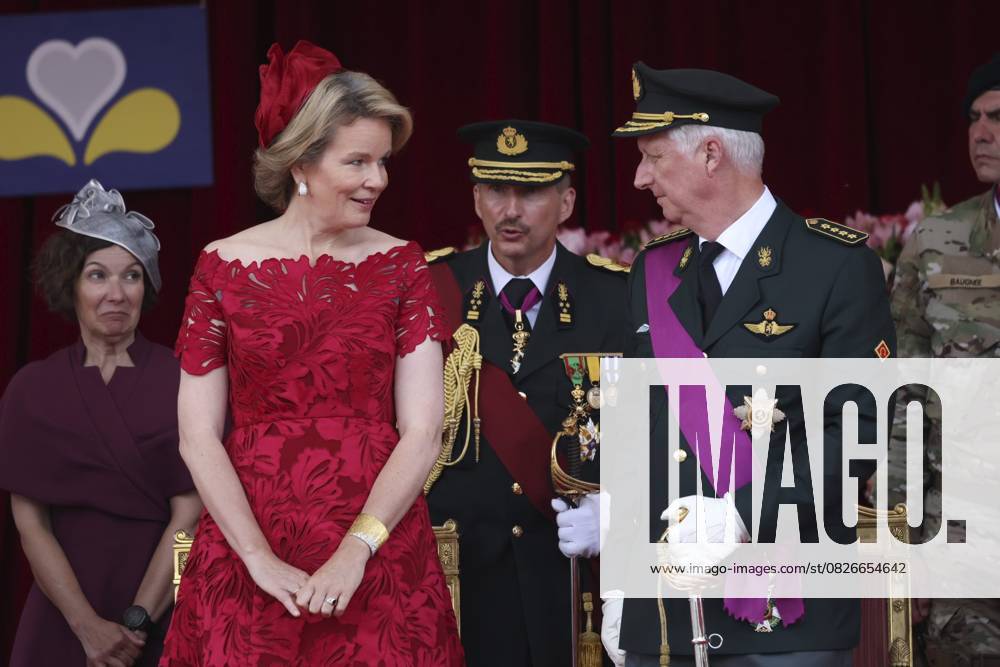 Military and civilian parade for the national Day 2025 BRUSSELS, BELGIUM - JULY 21 : Queen Mathilde of Belgium, King Philippe of Belgium during the military and civilian parade for the national Day 2025 on the Place des Palais - Paleizenplein pictured on July 21, 2025 in Brussels, Belgium, 21 07 2025 Brussels Belgium