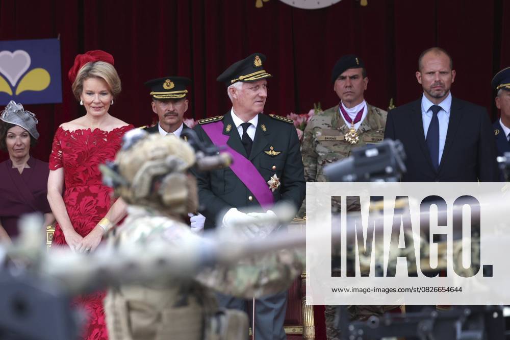 Military and civilian parade for the national Day 2025 BRUSSELS, BELGIUM - JULY 21 : Queen Mathilde of Belgium, King Philippe of Belgium and Theo Francken (N-VA), Minister of Defence of Federal Government during the military and civilian parade for the national Day 2025 on the Place des Palais - Paleizenplein pictured on July 21, 2025 in Brussels, Belgium, 21 07 2025 Brussels Belgium