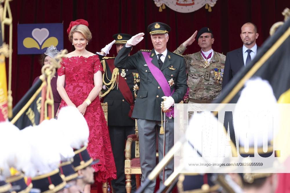 Military and civilian parade for the national Day 2025 BRUSSELS, BELGIUM - JULY 21 : Queen Mathilde of Belgium, King Philippe of Belgium and Theo Francken (N-VA), Minister of Defence of Federal Government during the military and civilian parade for the national Day 2025 on the Place des Palais - Paleizenplein pictured on July 21, 2025 in Brussels, Belgium, 21 07 2025 Brussels Belgium