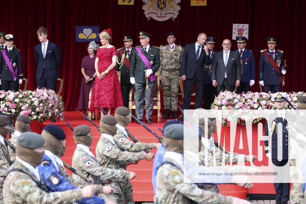 Military and civilian parade for the national Day 2025 BRUSSELS, BELGIUM - JULY 21 : Queen Mathilde of Belgium, King Philippe of Belgium, Theo Francken (N-VA), Minister of Defence of Federal Government and Bernard Quintin (MR), Minister of Security and the Interior, responsible for Beliris of Federal Government during the military and civilian parade for the national Day 2025 on the Place des Palais - Paleizenplein pictured on July 21, 2025 in Brussels, Belgium, 21 07 2025 Brussels Belgium