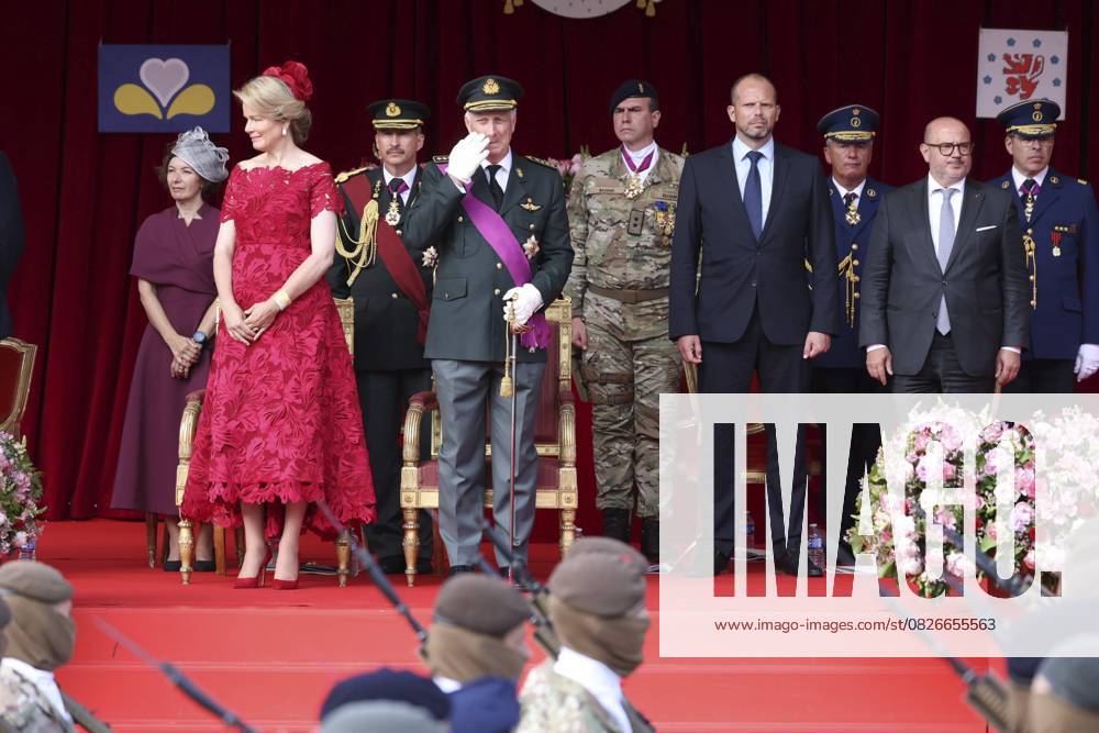 Military and civilian parade for the national Day 2025 BRUSSELS, BELGIUM - JULY 21 : Queen Mathilde of Belgium, King Philippe of Belgium, Theo Francken (N-VA), Minister of Defence of Federal Government and Bernard Quintin (MR), Minister of Security and the Interior, responsible for Beliris of Federal Government during the military and civilian parade for the national Day 2025 on the Place des Palais - Paleizenplein pictured on July 21, 2025 in Brussels, Belgium, 21 07 2025 Brussels Belgium