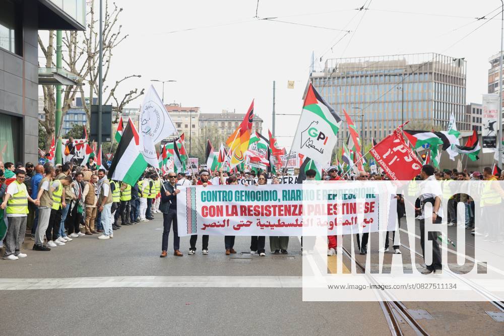 Pro-Palestinian demonstrators march in Italy MILAN, ITALY - APRIL 12: Thousands of demonstrators march at the square while holding Palestinian flags, as they chant for stopping the genocide in Gaza , no displacement of Palestinians and immediate permanent ceasefire , on April 12, 2025 in Milan, Italy. Lombardia Italy. Editorial use only. Please get in touch for any other usage.