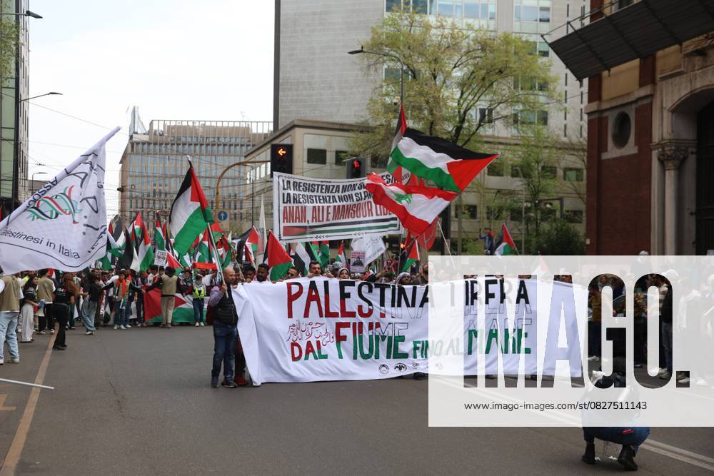 Pro-Palestinian demonstrators march in Italy MILAN, ITALY - APRIL 12: Thousands of demonstrators march at the square while holding Palestinian flags, as they chant for stopping the genocide in Gaza , no displacement of Palestinians and immediate permanent ceasefire , on April 12, 2025 in Milan, Italy. Lombardia Italy. Editorial use only. Please get in touch for any other usage.