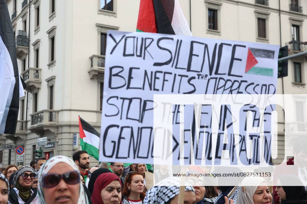 Pro-Palestinian demonstrators march in Italy MILAN, ITALY - APRIL 12: Thousands of demonstrators march at the square while holding Palestinian flags, as they chant for stopping the genocide in Gaza , no displacement of Palestinians and immediate permanent ceasefire , on April 12, 2025 in Milan, Italy. Lombardia Italy. Editorial use only. Please get in touch for any other usage.