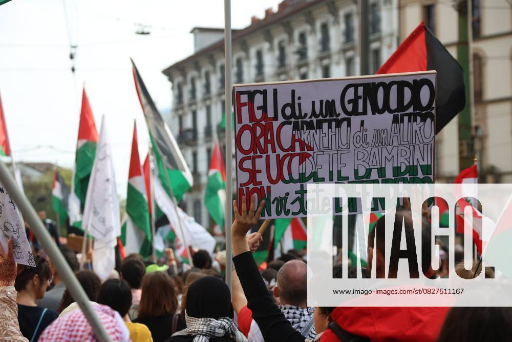 Pro-Palestinian demonstrators march in Italy MILAN, ITALY - APRIL 12: Thousands of demonstrators march at the square while holding Palestinian flags, as they chant for stopping the genocide in Gaza , no displacement of Palestinians and immediate permanent ceasefire , on April 12, 2025 in Milan, Italy. Lombardia Italy. Editorial use only. Please get in touch for any other usage.