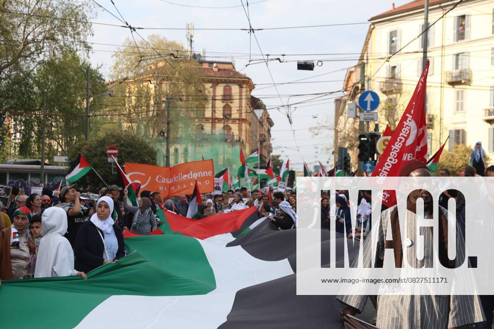Pro-Palestinian demonstrators march in Italy MILAN, ITALY - APRIL 12: Thousands of demonstrators march at the square while holding Palestinian flags, as they chant for stopping the genocide in Gaza , no displacement of Palestinians and immediate permanent ceasefire , on April 12, 2025 in Milan, Italy. Lombardia Italy. Editorial use only. Please get in touch for any other usage.