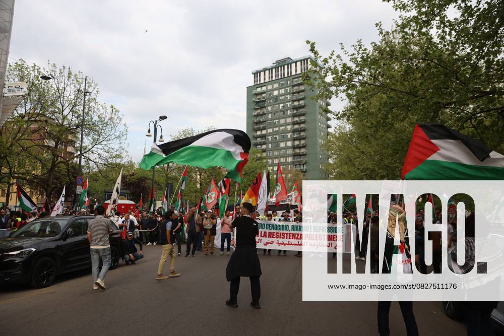 Pro-Palestinian demonstrators march in Italy MILAN, ITALY - APRIL 12: Thousands of demonstrators march at the square while holding Palestinian flags, as they chant for stopping the genocide in Gaza , no displacement of Palestinians and immediate permanent ceasefire , on April 12, 2025 in Milan, Italy. Lombardia Italy. Editorial use only. Please get in touch for any other usage.