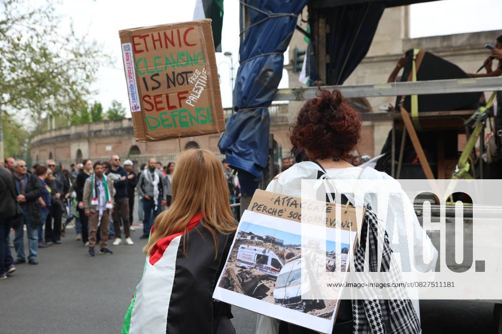 Pro-Palestinian demonstrators march in Italy MILAN, ITALY - APRIL 12: Thousands of demonstrators march at the square while holding Palestinian flags, as they chant for stopping the genocide in Gaza , no displacement of Palestinians and immediate permanent ceasefire , on April 12, 2025 in Milan, Italy. Lombardia Italy. Editorial use only. Please get in touch for any other usage.