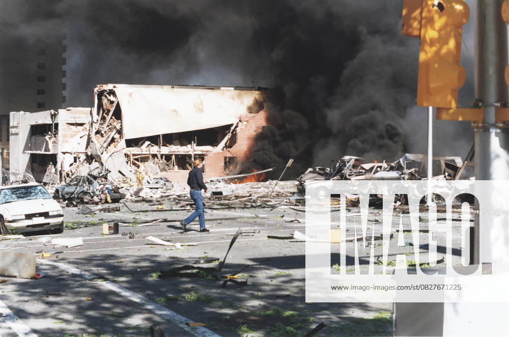Oklahoma City Bombing April 19, 1995 April 2015 - File - On April 19, 1995, a truck-bomb explosion outside the Alfred P. Murrah Federal Building in Oklahoma City, Oklahoma, left 168 people dead and hundreds more injured. The blast was set off by anti-government militant Timothy McVeigh, who in 2001 was executed for his crimes. His co-conspirator Terry Nichols received life in prison. Pictured - Apr 19, 1995 - Oklahoma City, Oklahoma, U.S - A man wonders near burning cars and destruction outside the Murrah Building.