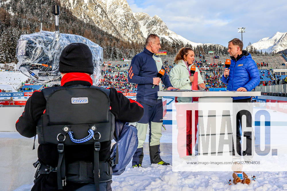 Laura Dahlmeier als ZDF-Expertin beim Biathlon World Cup 2023 Laura Dahlmeier (Mitte) als ZDF-Expertin beim Biathlon World Cup 2023 in Antholz, ZDF-Biathlon-Experte Sven Fischer (links), ZDF-Moderation Alexander Ruda (rechts) Antholz Antholz, Südtirol-Arena, Biathl Trentino-Südtirol Italy