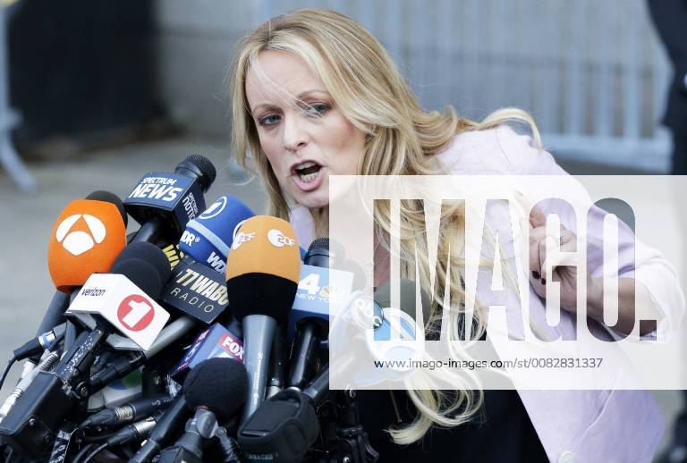 Adult-film star Stormy Daniels who is entangled in a legal fight with U.S. President Donald Trump s longtime personal lawyer Michael Cohen delivers a short statement when she exits a hearing in New York City on April 16, 2018. U.S. President Donald Trump s longtime personal lawyer Michael Cohen also arrived at Manhattan Federal Court on Monday for a showdown over documents seized as part of a federal investigation that could cast a harsh light on TrumpÕs business and personal relationships. NYP20180416108 JOHNxANGELILLO