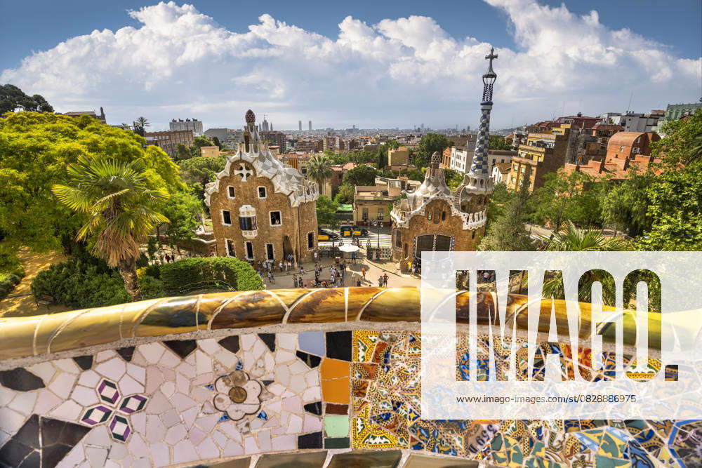Tourists crowd Park Guell sculptures and museum Barcelona Catalonia Spain, Catalonia, Barcelona R_KSWG250730D1-1796812-01