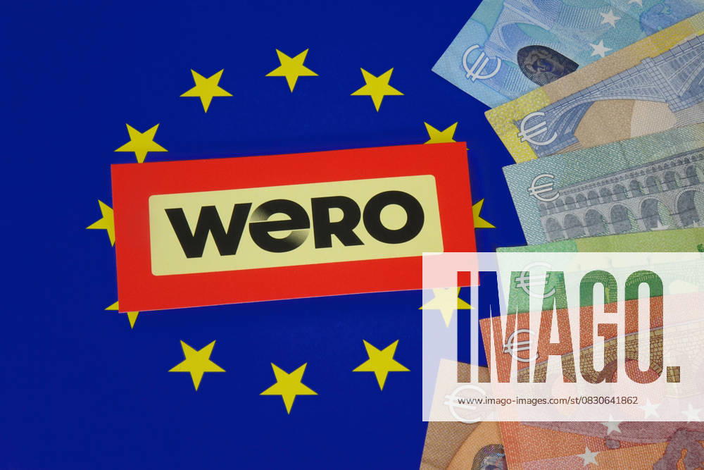 EU-Symbol mit Schriftzug Wero und verschiedene Geldscheine EU-Symbol mit Schriftzug Wero und verschiedene Geldscheine, 14.08.2025, Borkwalde, Brandenburg, Auf einem EU-Symbol befindet sich der Schriftzug Wero mit verschiedenen Geldscheinen.