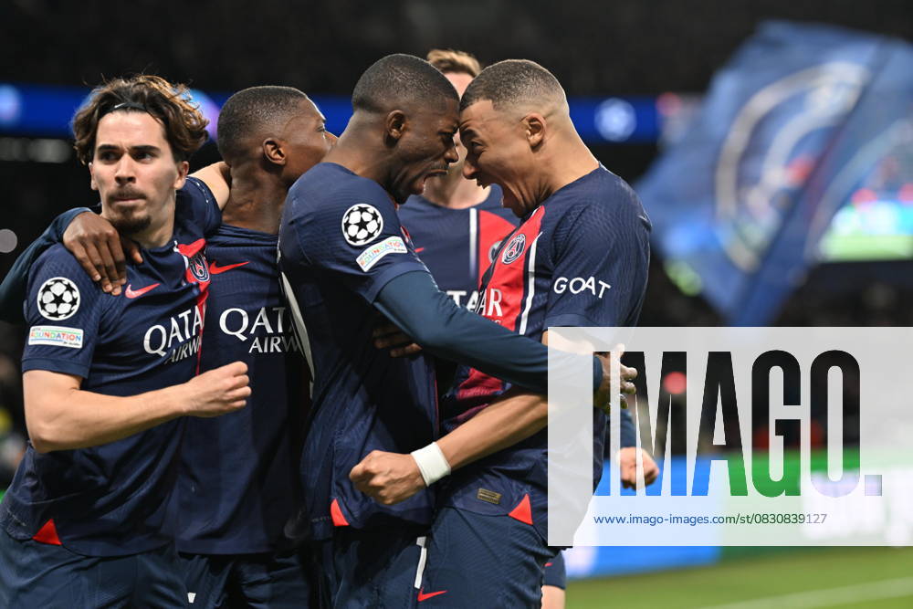 Paris Saint-Germain v Barcelona - UEFA Champions League PARIS, FRANCE - APRIL 10: Ousmane Dembele (10) of Paris Saint-Germain celebrates his goal with his teammates during the UEFA Champions League quarter finals first leg football match between Paris Saint-Germain and FC Barcelona at Parc des Princes in Paris, France on April 10, 2024. France World. Editorial use only. Please get in touch for any other usage.
