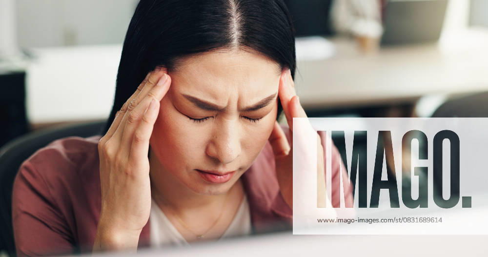 Business, headache and woman in office, stress and overworked with fatigue. Japanese person, employee and consultant in workplace, migraine and tired with burnout, deadline for project and tension Business, headache and woman in office, stress and overworked with fatigue. Japanese person, employee and consultant in workplace, migraine and tired with burnout, deadline for project and tension., model released, , property released, , 63250326.jpg RECORD DATE NOT STATED