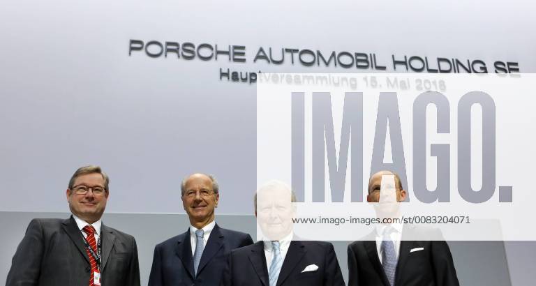 Themen der Woche KW20 15.05.2018, Stuttgart, DEU, Hauptversammlung der Porsche Automobil Holding SE in der Porsche Arena in Stuttgart. Manfred Doess, Mitglied des Vorstandes der Porsche SE, Hans Dieter Poetsch, Vorsitzender des Vorstandes der Porsche Automobil Holding SE Wolfgang Porsche, Vorsitzender des Aufsichtsrates der Porsche Automobil Holding SE und Philipp von Hagen, Mitglied des Vorstandes der Porsche Holding SE.