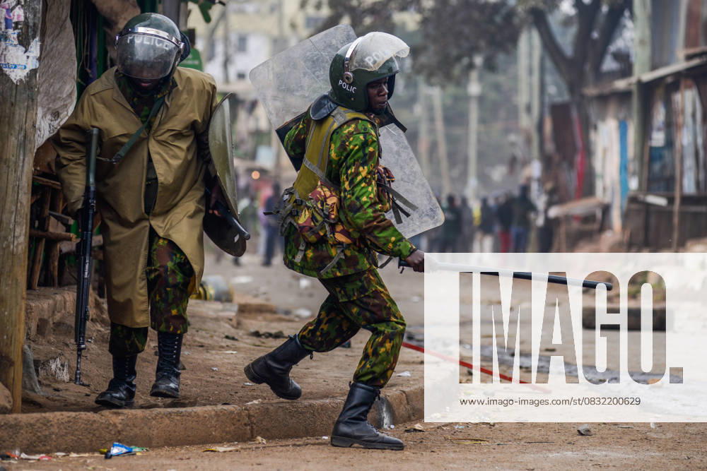 Demonstration against high cost of living in Kenyan capital Nairobi NAIROBI, KENYA - JULY 19: Police intervene people, take part in a demonstration held against the rising the cost of living, with batons in Nairobi, Kenya on July 19, 2023. Nayrobi Kenya. Editorial use only. Please get in touch for any other usage.