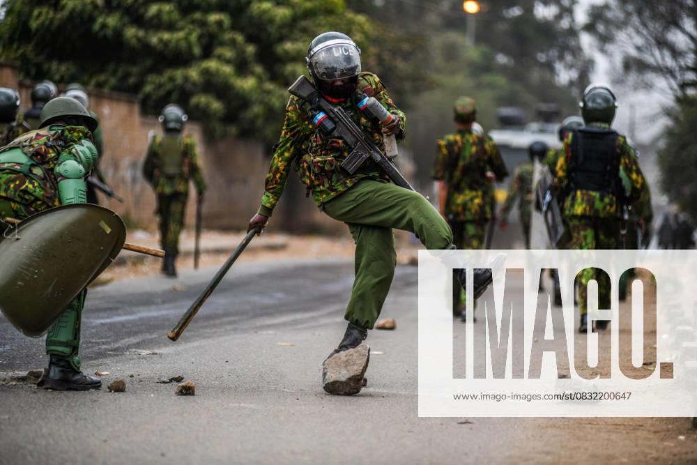 Demonstration against high cost of living in Kenyan capital Nairobi NAIROBI, KENYA - JULY 19: Police clear the rocks thrown by the protesters during the demonstration held against the rising cost of living, in Nairobi, Kenya on July 19, 2023. Nayrobi Kenya. Editorial use only. Please get in touch for any other usage.