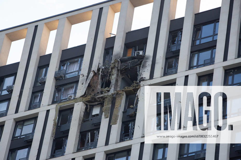 Russian drone attack in residential building of Kyiv KYIV, UKRAINE - JULY 13: A view of the damaged residential building after Russian drone attack in Kyiv, Ukraine amid Russia-Ukraine war on July 13, 2023. Ukraine World. Editorial use only. Please get in touch for any other usage.