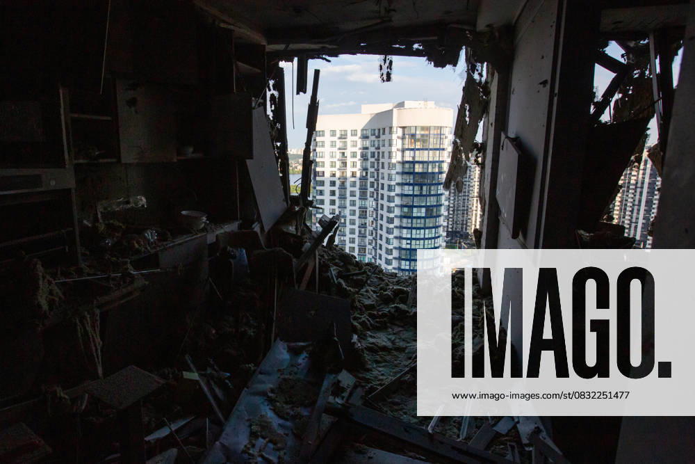 Russian drone attack in residential building of Kyiv KYIV, UKRAINE - JULY 13: An inside view of the damaged residential building after Russian drone attack in Kyiv, Ukraine amid Russia-Ukraine war on July 13, 2023. Ukraine World. Editorial use only. Please get in touch for any other usage.