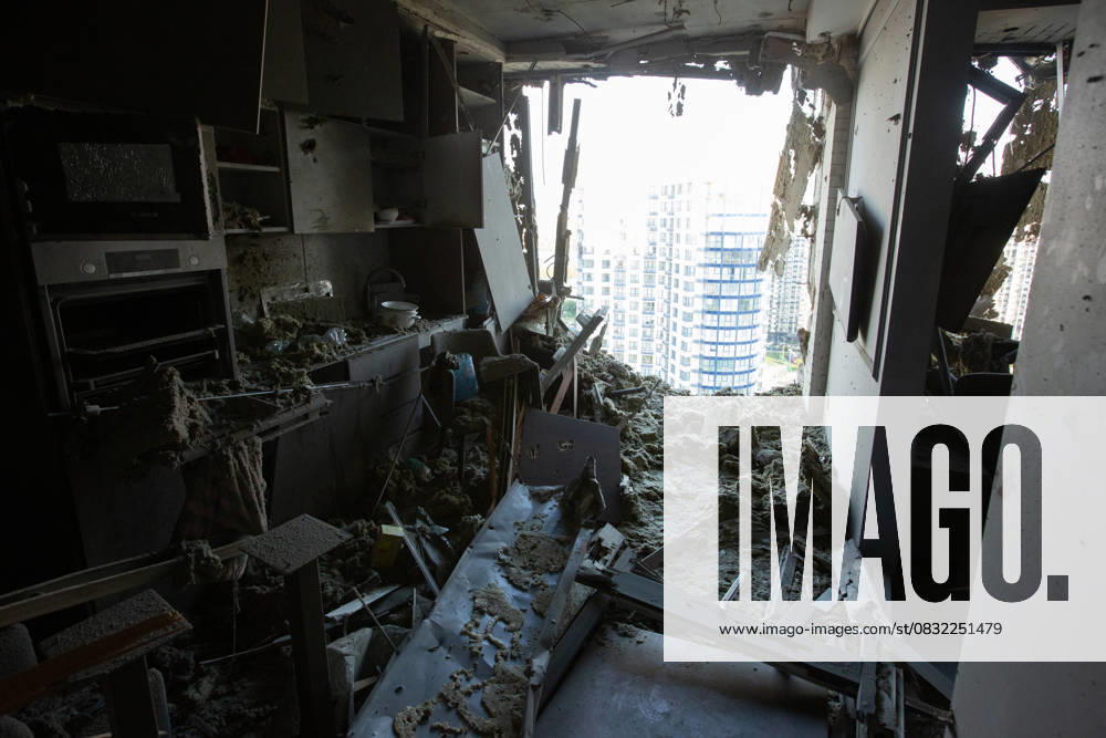 Russian drone attack in residential building of Kyiv KYIV, UKRAINE - JULY 13: An inside view of the damaged residential building after Russian drone attack in Kyiv, Ukraine amid Russia-Ukraine war on July 13, 2023. Ukraine World. Editorial use only. Please get in touch for any other usage.