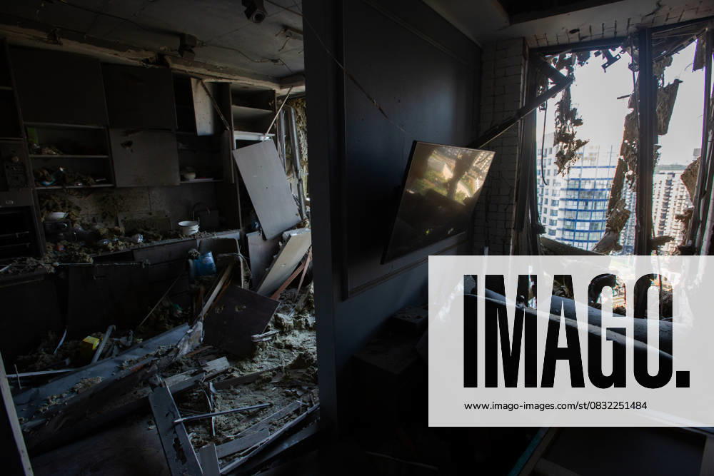 Russian drone attack in residential building of Kyiv KYIV, UKRAINE - JULY 13: An inside view of the damaged residential building after Russian drone attack in Kyiv, Ukraine amid Russia-Ukraine war on July 13, 2023. Ukraine World. Editorial use only. Please get in touch for any other usage.