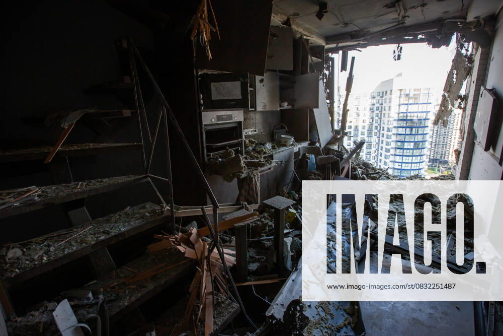 Russian drone attack in residential building of Kyiv KYIV, UKRAINE - JULY 13: An inside view of the damaged residential building after Russian drone attack in Kyiv, Ukraine amid Russia-Ukraine war on July 13, 2023. Ukraine World. Editorial use only. Please get in touch for any other usage.