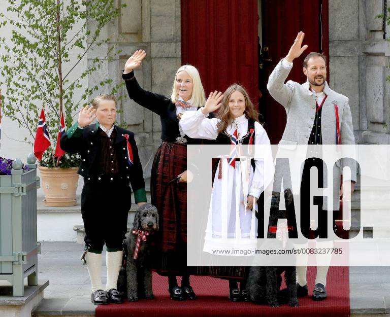 Skaugum Princess Mette Marit and Prince Haakon and Princess Ingrid Alexandra and Prince Sverre Magnus celebrating the national day at the residence in Skaugum, Norway.