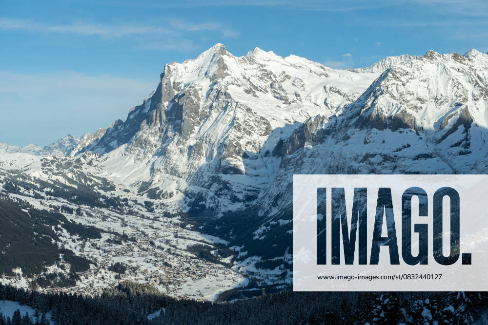 Wetterhorn Mountain and Grindelwald Village in Winter. Switzerland Wetterhorn Mountain and Grindelwald Village in Winter. Swiss Alps. Switzerland, 81033762.jpg RECORD DATE NOT STATED