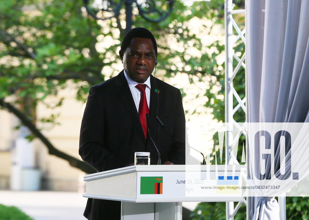 Presidents of African countries meet with Ukrainian President Zelenskyy in Kyiv KYIV, UKRAINE - JUNE 16: Zambia s President Hakainde Hichilema speaks during a press-conference with Ukraine s President Volodymyr Zelenskyy and Presidents of African countries in Kyiv, Ukraine, on June 16, 2023. Ukraine World. Editorial use only. Please get in touch for any other usage.