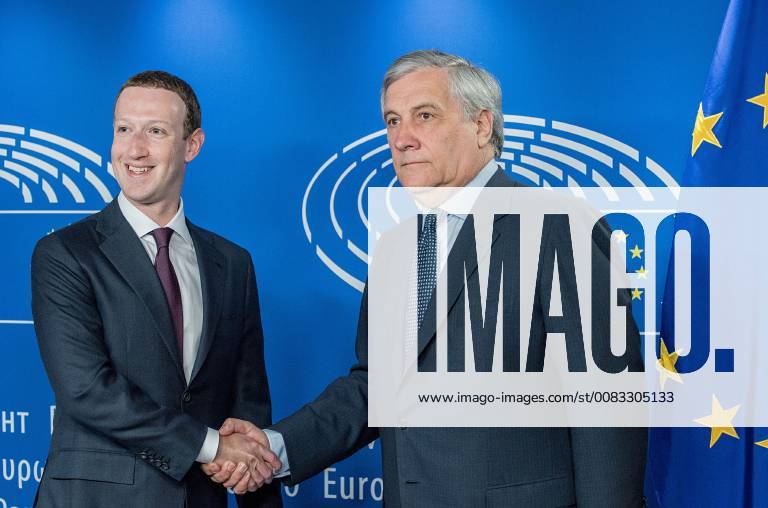 Brussles, Belgium - Facebook CEO MARK ZUCKERBERG (L) shakes hands with European Parliament President ANTONIO TAJANI at the European Parliament ahead of the audition of Facebook CEO on the data privacy scandal. Brussles Belgium - ZUMAp311 20180522_zap_p311_014