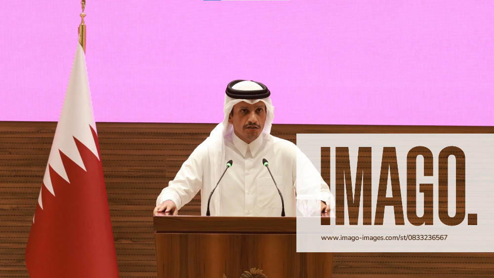 Qatar s Prime Minister and Foreign Minister Mohammed bin Abdulrahman al-Thani addresses a press conference following Israeli strikes in Doha Wednsday on September 10, 2025. Following the attack, world leaders, including the US President, sharply criticised Israel for targeting Hamas leaders in Qatar, a Western ally which has hosted multiple rounds of Gaza ceasefire talks. QAT2025091008 QatarixForeignxMinistry