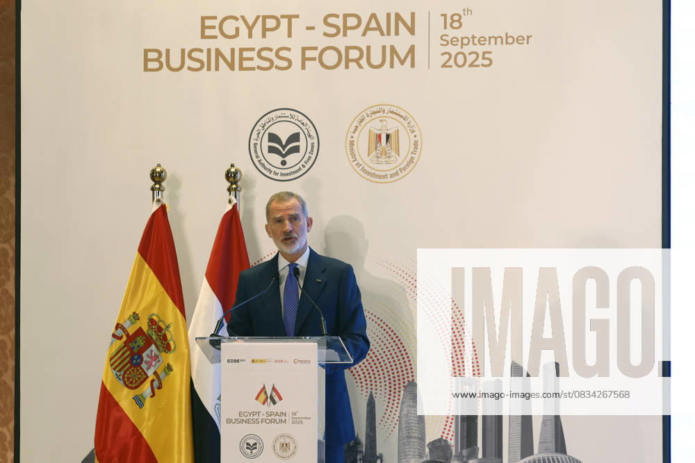 Spain s King, Felipe VI (c), delivers a speech during a Spanish and Egyptian business forum held in the framework of his visit in the country in Cairo, Egypt, 18 September 2025. Spain s King Felip VI visits Egypt !ACHTUNG: NUR REDAKTIONELLE NUTZUNG!