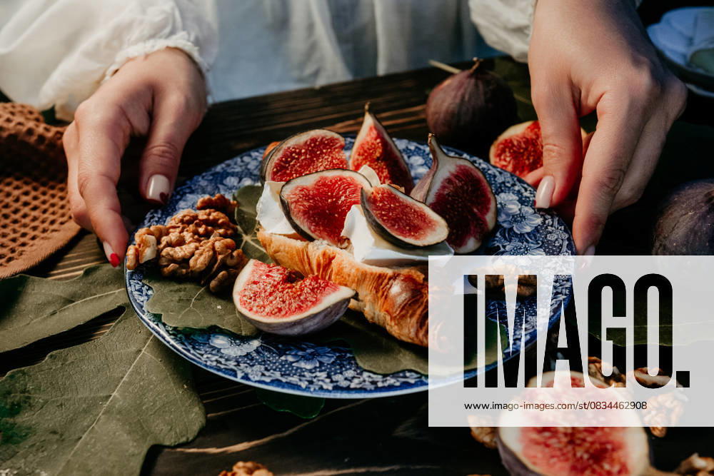 Woman puts plate with camembert cheese croissants, figs. Brie, healthy juicy Woman puts plate with camembert cheese croissants and fig slices. Brie, healthy juicy organic figs. Appetizer breakfast set. Seasonal fruits. High quality photo, 96035494.jpg RECORD DATE NOT STATED