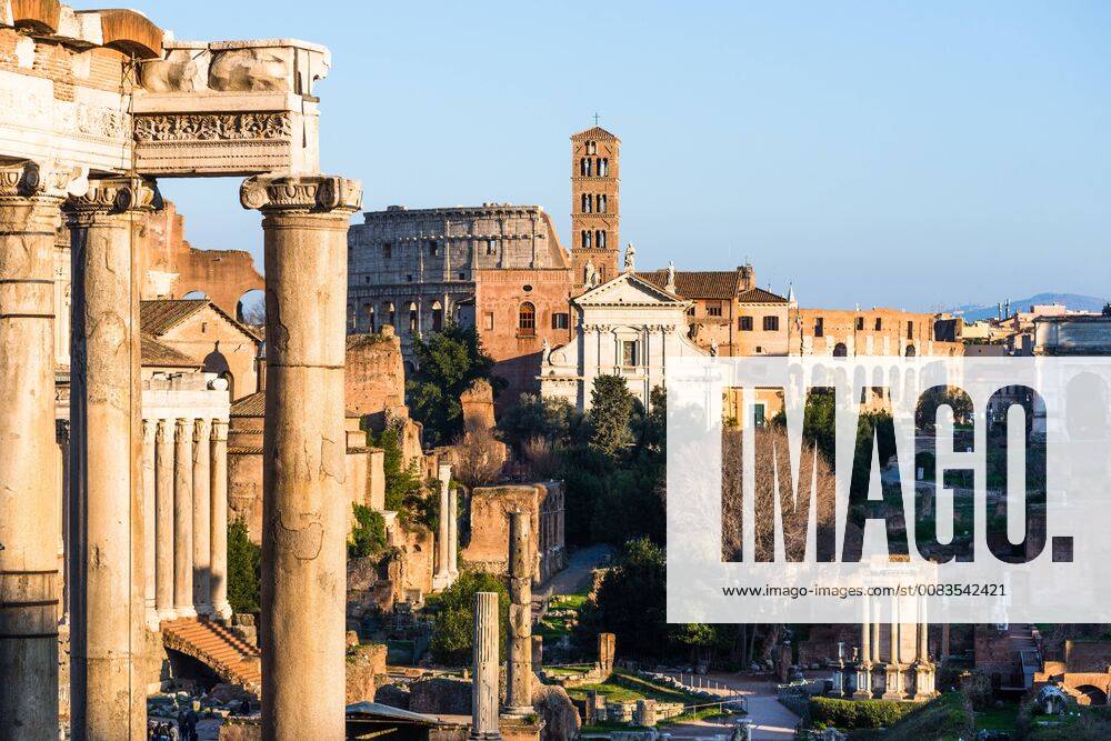 Ancient Roman cityscape at Roman Forum with Basilica of Maxentius and the Coloseum, UNESCO World Heritage Site, Rome, Lazio, Italy, Europe