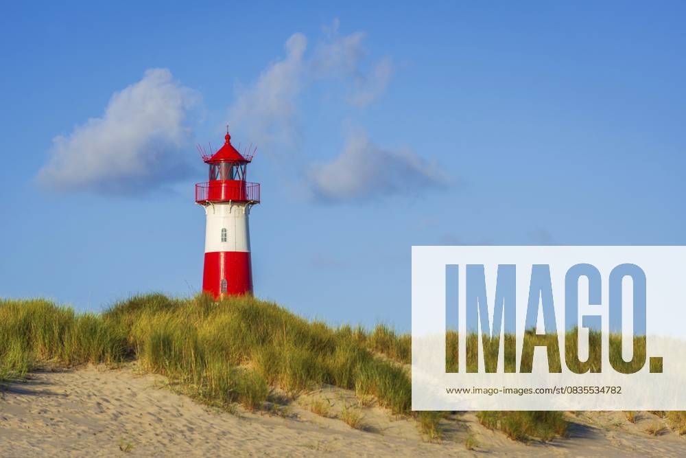 Der Lister Leuchtturm am Ellenbogen, Morgenlicht, Morgenstimmung, Düne, Nordseeinsel, Sylt The Lister lighthouse at Ellenbogen, morning light, morning mood, dune, North Sea island, Sylt