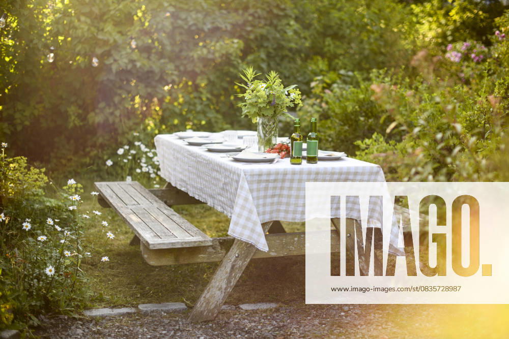 IMAGO Creative, Lifestyle, Feste im Garten #2 Tranquil scene of dinner table with beer bottles and plates in back yard at sunny day Sweden, Stockholm, property released
